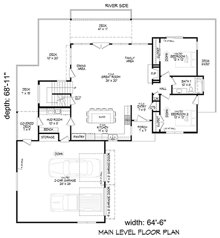 Coastal, Contemporary, Modern House Plan 52170 with 3 Beds, 2 Baths, 2 Car Garage First Level Plan