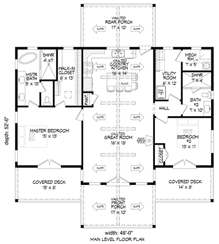 Contemporary, Ranch, Traditional House Plan 52173 with 2 Beds, 2 Baths First Level Plan