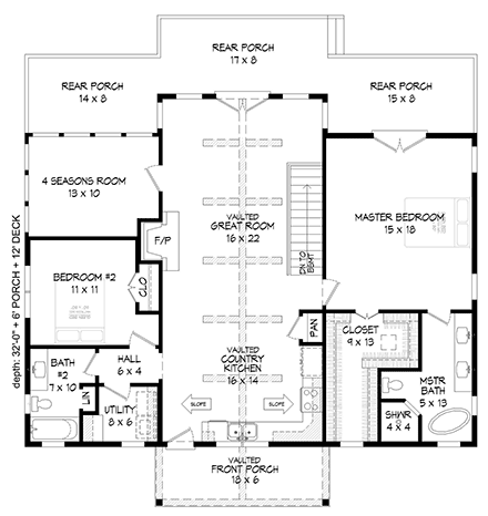 Bungalow, Country, Craftsman, Prairie, Ranch, Traditional House Plan 52176 with 2 Beds, 2 Baths First Level Plan