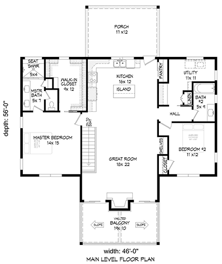 Bungalow, Craftsman, Prairie, Ranch House Plan 52177 with 2 Beds, 2 Baths, 2 Car Garage First Level Plan