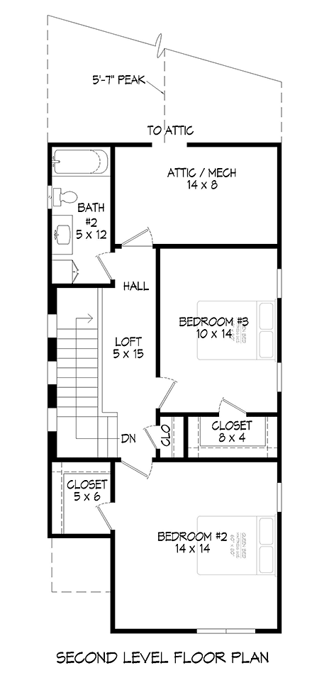 Bungalow, Craftsman House Plan 52182 with 3 Beds, 3 Baths, 2 Car Garage Second Level Plan