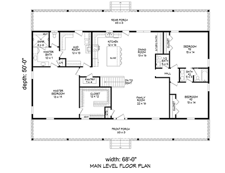 Country, Farmhouse, Ranch, Traditional House Plan 52190 with 3 Beds, 3 Baths, 2 Car Garage First Level Plan