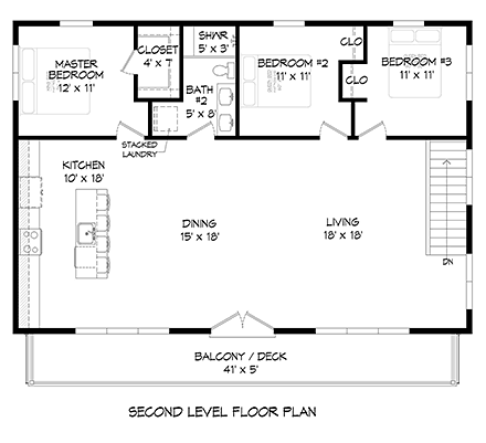 Contemporary, Modern Garage-Living Plan 52192 with 4 Beds, 2 Baths, 2 Car Garage Second Level Plan