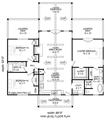 Cottage, Country, Traditional House Plan 52193 with 3 Beds, 2 Baths First Level Plan
