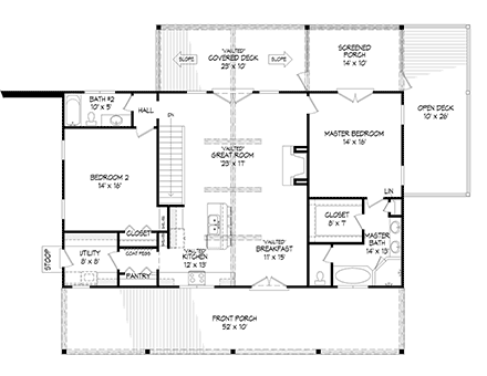 Country, Farmhouse, Ranch, Traditional House Plan 52196 with 2 Beds, 2 Baths First Level Plan