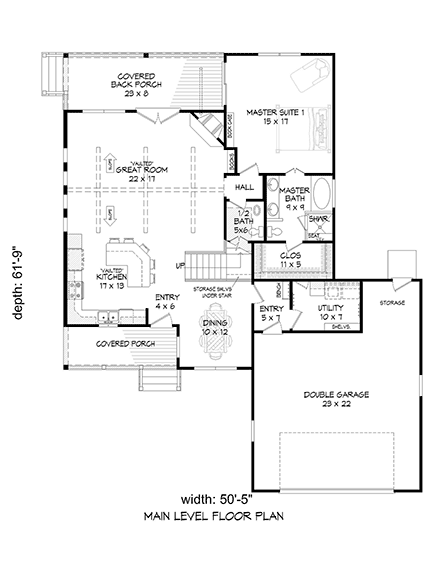 Bungalow, Craftsman, Farmhouse, Ranch House Plan 52197 with 3 Beds, 3 Baths, 2 Car Garage First Level Plan