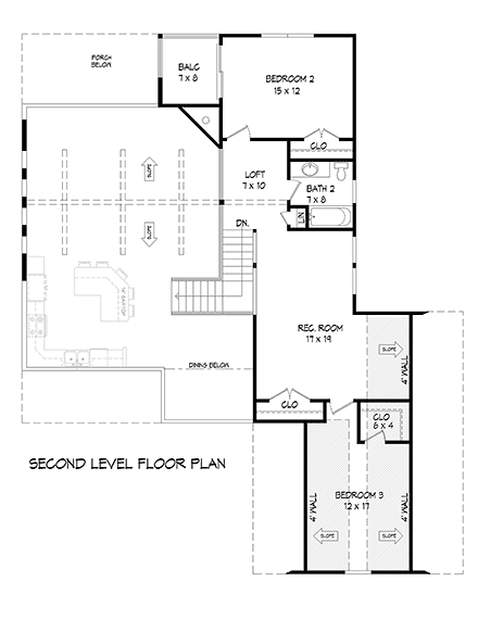 Bungalow, Craftsman, Farmhouse, Ranch House Plan 52197 with 3 Beds, 3 Baths, 2 Car Garage Second Level Plan