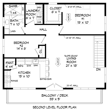 Contemporary, Modern Garage-Living Plan 52198 with 2 Beds, 2 Baths, 3 Car Garage Second Level Plan
