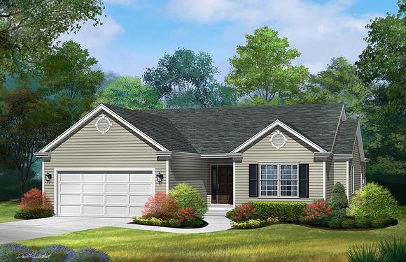 Ranch, Traditional House Plan 52200 with 3 Beds, 2 Baths, 2 Car Garage Elevation