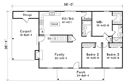 Ranch House Plan 52201 with 3 Beds, 2 Baths, 1 Car Garage First Level Plan