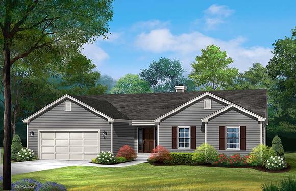 Ranch, Traditional House Plan 52202 with 3 Beds, 2 Baths, 2 Car Garage Elevation