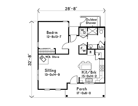 Ranch House Plan 52207 with 1 Beds, 1 Baths First Level Plan