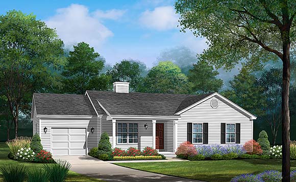 Ranch, Traditional House Plan 52208 with 2 Beds, 2 Baths, 1 Car Garage Elevation
