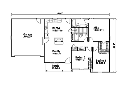 Ranch, Traditional House Plan 52209 with 3 Beds, 2 Baths, 2 Car Garage First Level Plan