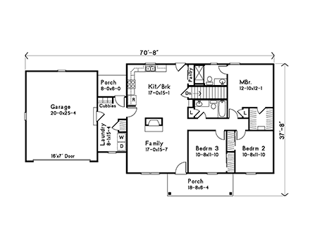 Ranch, Traditional House Plan 52211 with 3 Beds, 2 Baths, 2 Car Garage First Level Plan