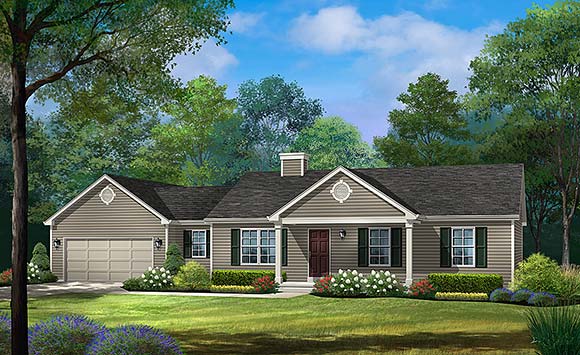 Ranch, Traditional House Plan 52211 with 3 Beds, 2 Baths, 2 Car Garage Elevation