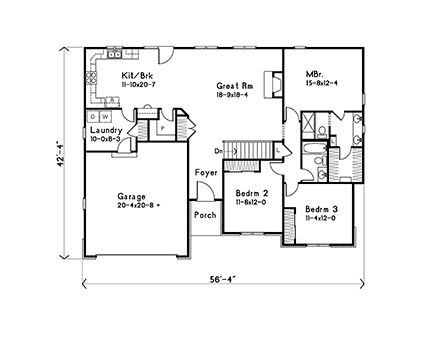 Ranch, Traditional House Plan 52212 with 3 Beds, 2 Baths, 2 Car Garage First Level Plan