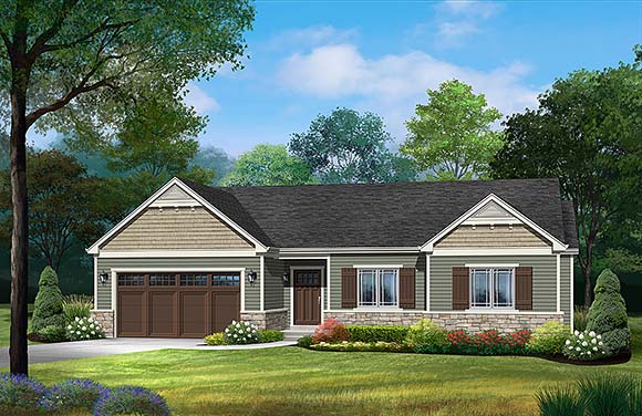 Ranch, Traditional House Plan 52212 with 3 Beds, 2 Baths, 2 Car Garage Elevation