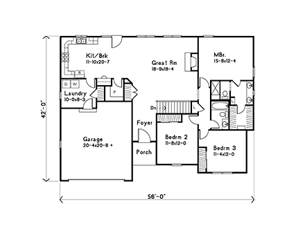 Ranch, Traditional House Plan 52213 with 3 Beds, 2 Baths, 2 Car Garage First Level Plan