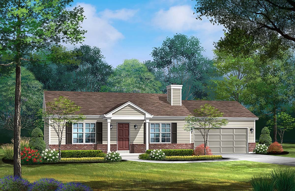 Ranch House Plan 52220 with 2 Beds, 2 Baths, 2 Car Garage Elevation