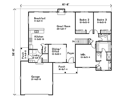 Ranch, Traditional House Plan 52221 with 3 Beds, 2 Baths, 2 Car Garage First Level Plan