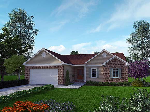 Ranch House Plan 52228 with 3 Beds, 3 Baths, 2 Car Garage Elevation