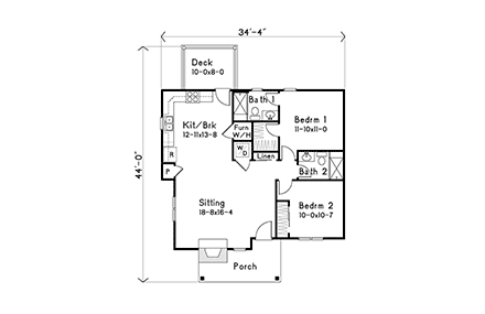 Cottage, Country House Plan 52233 with 2 Beds, 2 Baths First Level Plan