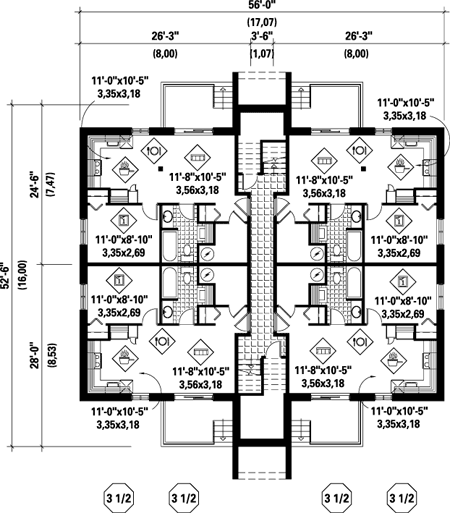 Multi-Family Plan 52426 with 12 Beds, 6 Baths Lower Level