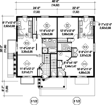 Multi-Family Plan 52433 with 4 Beds, 3 Baths First Level Plan