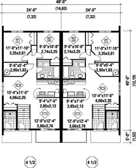 Multi-Family Plan 52446 with 8 Beds, 4 Baths Level One