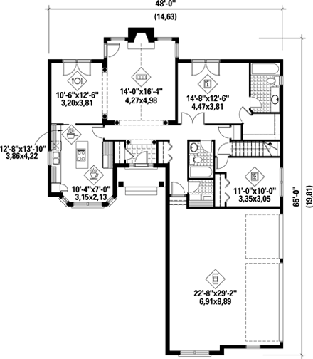 House Plan 52487 with 2 Beds, 3 Baths, 3 Car Garage First Level Plan