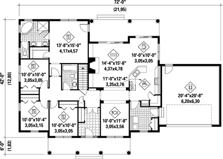 House Plan 52535 with 4 Beds, 3 Baths, 2 Car Garage Level One