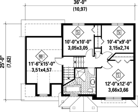 House Plan 52569 with 3 Beds, 2 Baths, 1 Car Garage Second Level Plan