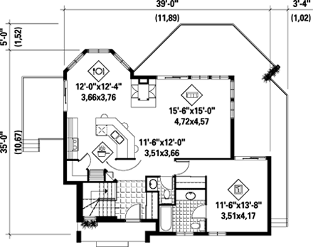 House Plan 52776 with 1 Beds, 2 Baths First Level Plan