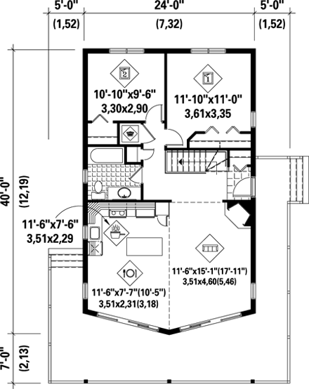 House Plan 52799 with 2 Beds, 1 Baths First Level Plan