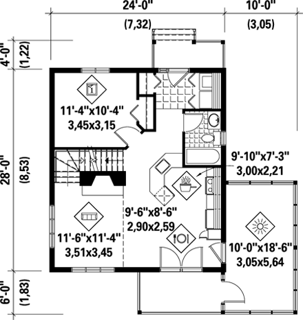 House Plan 52811 with 2 Beds, 2 Baths First Level Plan