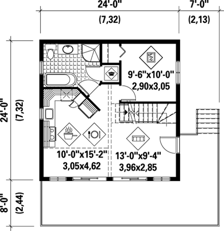 House Plan 52812 with 2 Beds, 2 Baths First Level Plan