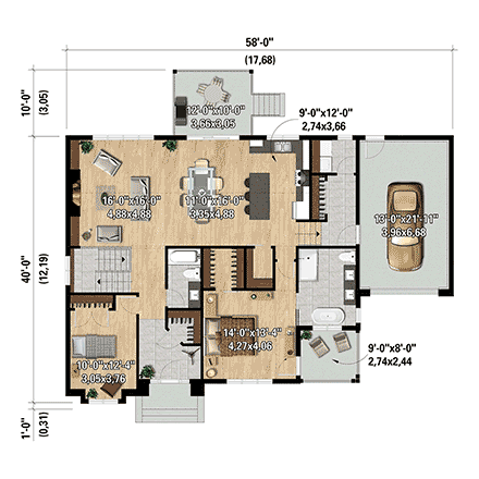 Country, Farmhouse, Traditional House Plan 52826 with 2 Beds, 2 Baths, 1 Car Garage First Level Plan