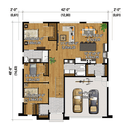 European House Plan 52835 with 3 Beds, 2 Baths, 1 Car Garage First Level Plan