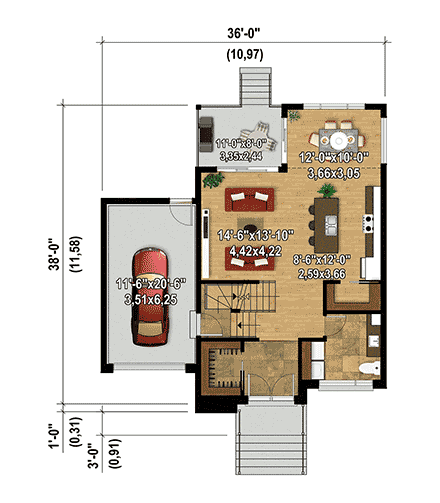 Contemporary, Modern House Plan 52836 with 3 Beds, 2 Baths, 1 Car Garage First Level Plan