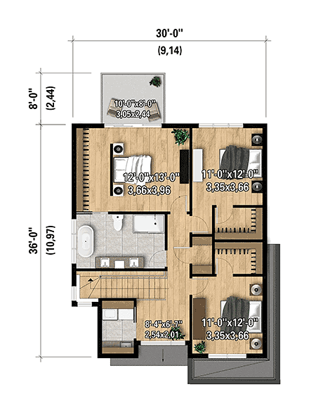 European, Modern House Plan 52837 with 3 Beds, 2 Baths, 1 Car Garage Second Level Plan