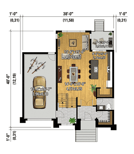 Contemporary, European House Plan 52839 with 4 Beds, 3 Baths, 1 Car Garage First Level Plan