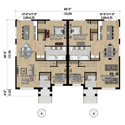 Contemporary Multi-Family Plan 52840 with 8 Beds, 4 Baths First Level Plan