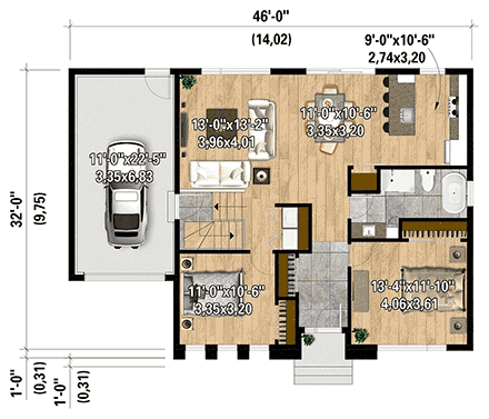 European House Plan 52842 with 2 Beds, 1 Baths, 1 Car Garage First Level Plan