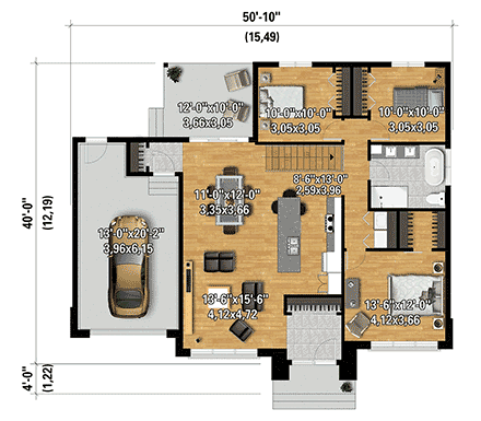 Contemporary, Modern House Plan 52843 with 3 Beds, 1 Baths, 1 Car Garage First Level Plan