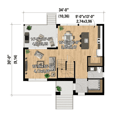 European House Plan 52845 with 2 Beds, 2 Baths First Level Plan
