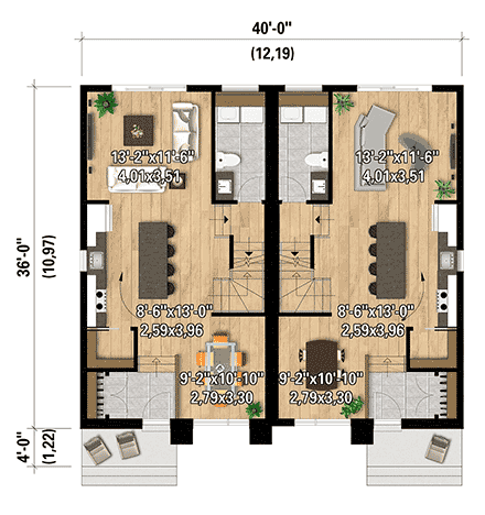 Contemporary, European, Modern Multi-Family Plan 52848 with 6 Beds, 4 Baths First Level Plan