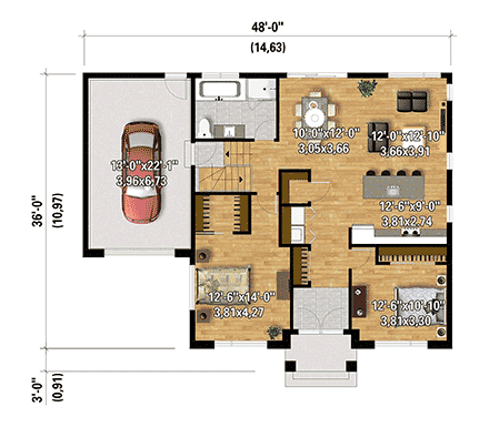 Bungalow, Contemporary House Plan 52850 with 2 Beds, 1 Baths, 1 Car Garage First Level Plan