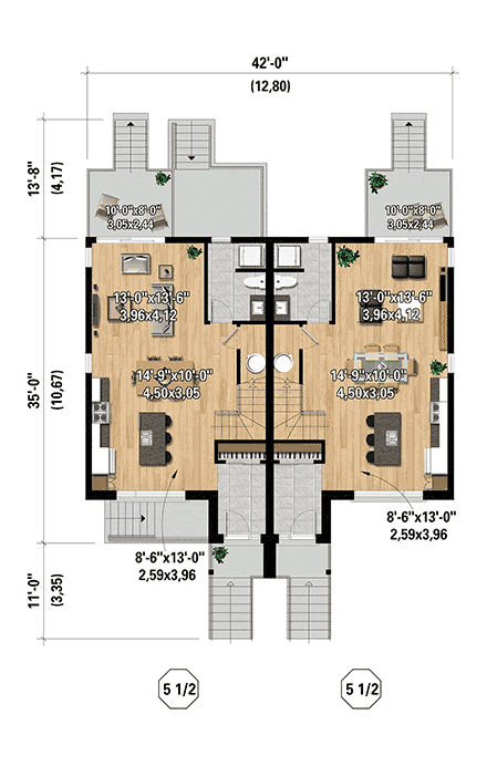 Contemporary Multi-Family Plan 52858 with 9 Beds, 6 Baths First Level Plan