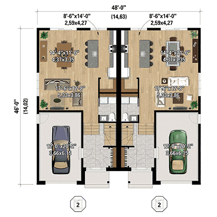 Farmhouse Multi-Family Plan 52861 with 4 Beds, 4 Baths, 2 Car Garage First Level Plan